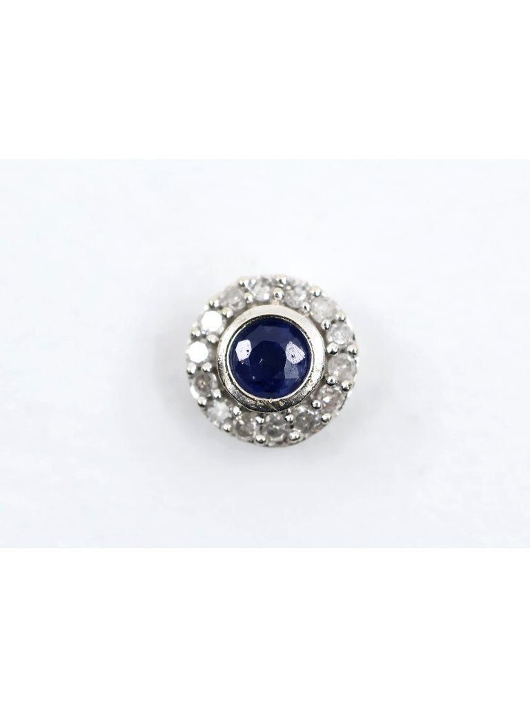 Unique Single 10k Solid White Gold Round Shaped Sapphire  Diamond Stud Earring
